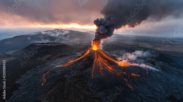 Fototapeta Powerful volcanic eruption: bright red lava streams flowing from the mountain.