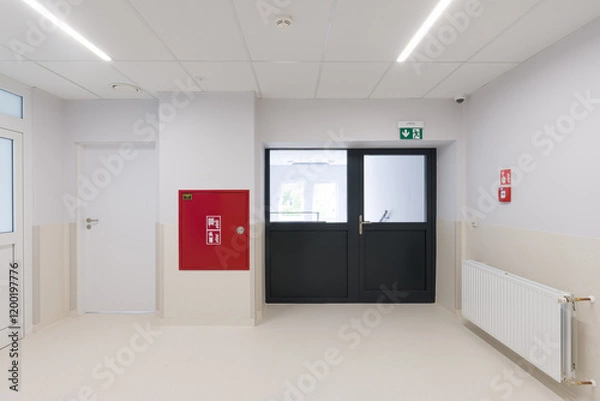 Obraz Modern Hallway with Multiple Doors and Fire Safety Equipment