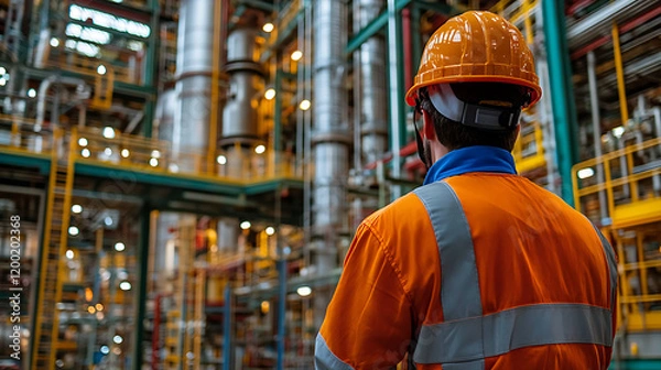 Obraz An industrial worker in a high-visibility orange jacket and hard hat is observing a complex network of pipes, platforms, and machinery inside a large industrial facility.