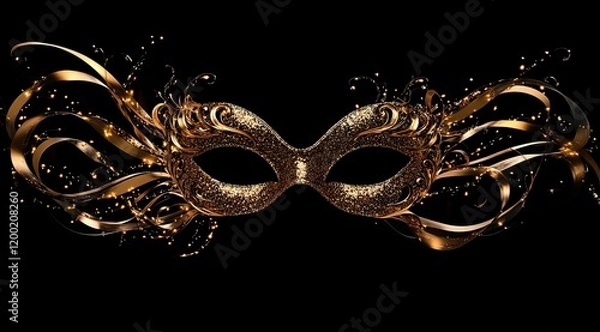 Fototapeta A golden masquerade mask with glittering swirls and ribbons, set against an elegant black background, symbolizing mystery and allure for festive carnival celebration