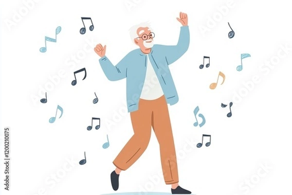 Fototapeta Joyful elderly man dancing with musical notes in a fun celebration scene