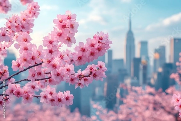 Obraz Delicate Pink Cherry Blossoms Bloom Against a City Skyline