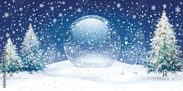 Fototapeta Festive Snow Globe. Holiday Scene with Christmas Trees in a Winter Wonderland