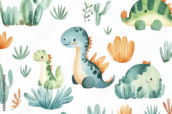 Fototapeta The image is a cute watercolor illustration of various dinosaurs, including a Brontosaurus, a Stegosaurus, and other smaller dinosaurs, surrounded by cacti and tropical plants