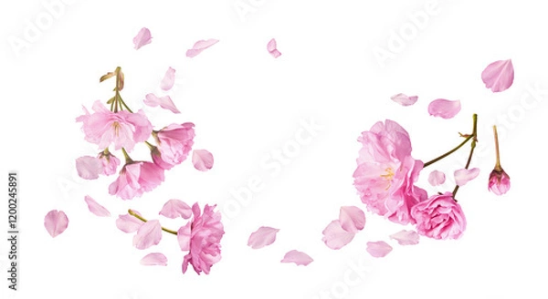 Fototapeta Beautiful blooming of delicate pink Sakura flowers falling in the air, isolated on white background. Zero gravity or levitation spring flowers conception, high resolution image