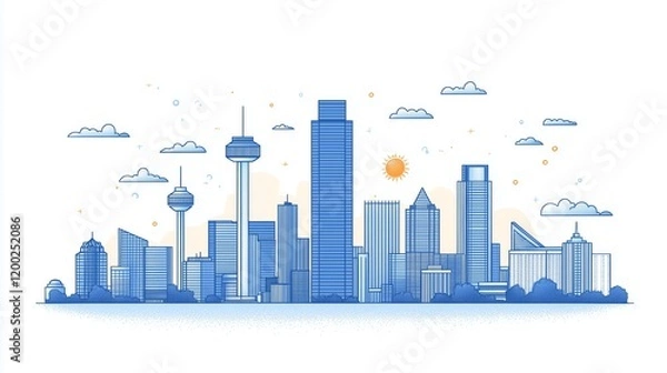Fototapeta Minimalist city skyline with blue urban architecture and cloudy sky
