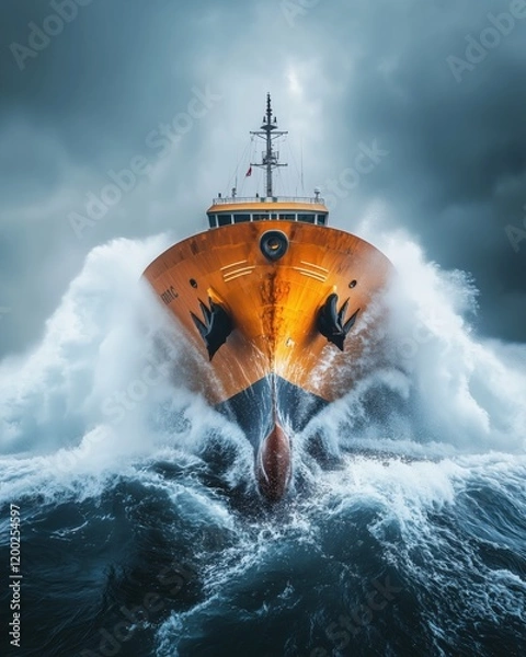 Obraz Large cargo vessel navigating through rough seas under dramatic sky
