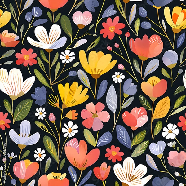 Fototapeta Bright Floral Pattern with Colorful Blooms, Repeating Pattern