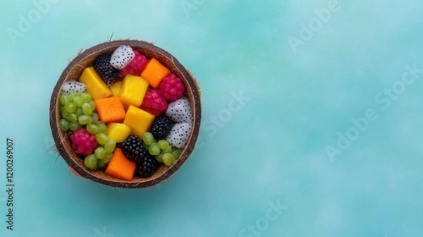 Fototapeta an overhead view of a vibrant fruit salad made from exotic fruits like dragon fruit, mango