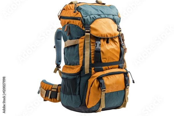 Fototapeta Multi-functional outdoor backpack designed for hiking and camping trips in diverse terrain isolated on transparent background