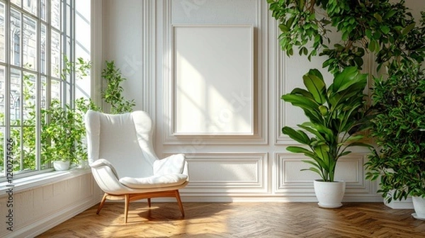 Fototapeta A bright, airy living space featuring a white chair, large windows, and vibrant greenery. The room is designed with minimalistic decor and natural light.