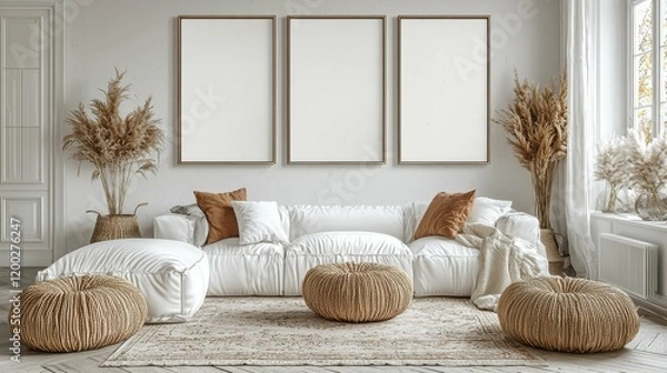 Fototapeta A bright and airy living room featuring a white sofa, textured poufs, and empty wall frames, showcasing a minimalist and modern design.
