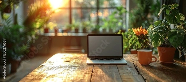 Fototapeta In the office meeting room, a laptop sits on a table with its lid open