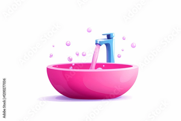 Fototapeta A vibrant pink bowl with a faucet pouring water, surrounded by bubbles, embodying a refreshing and playful vibe.