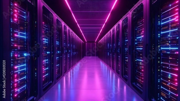 Obraz A stunning view of a modern server room illuminated by vibrant pink and blue lights. The sleek rows of servers create an atmosphere of innovation and digital advancement.