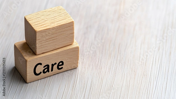 Obraz Two wooden blocks, one with "Care" text, stacked on white surface
