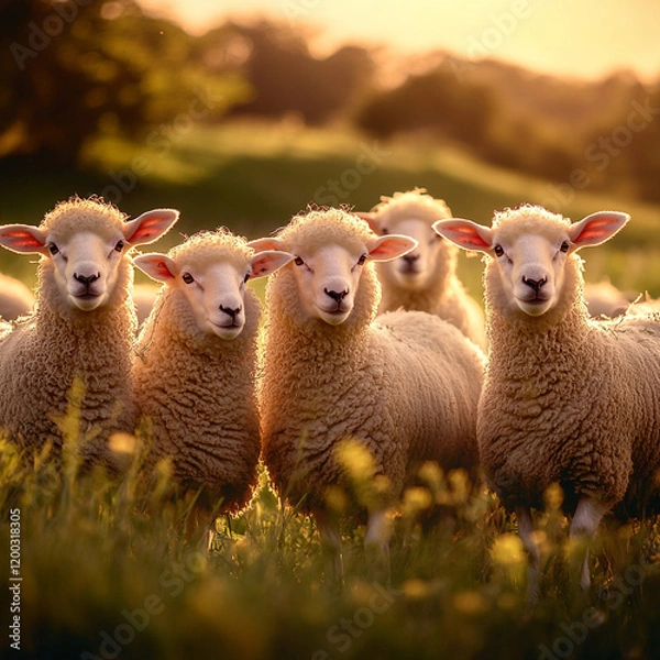 Obraz Group of Sheep in a Golden Sunrise Meadow