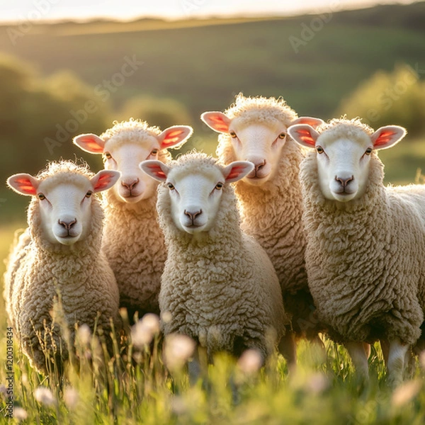 Obraz Five sheep in a field at sunset
