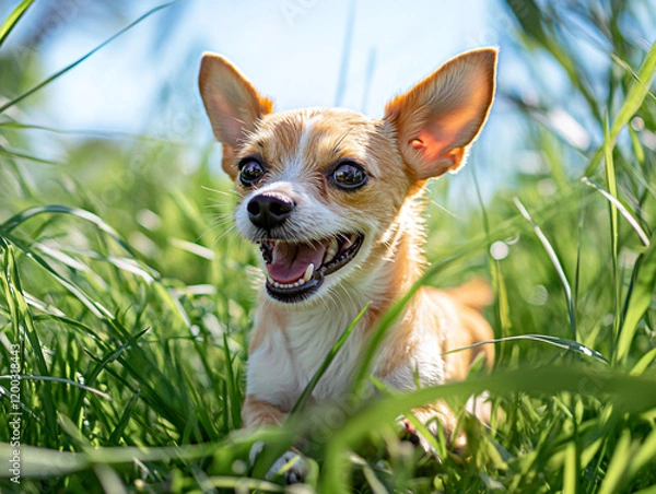 Obraz Playful Chihuahua Puppy in Lush Green Grass