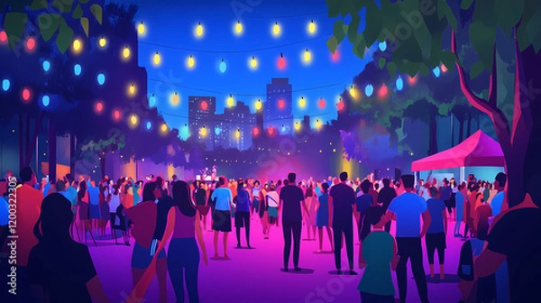 Obraz Crowd enjoying a vibrant outdoor concert with colorful lights. Vibrant Festival Crowd. Illustration