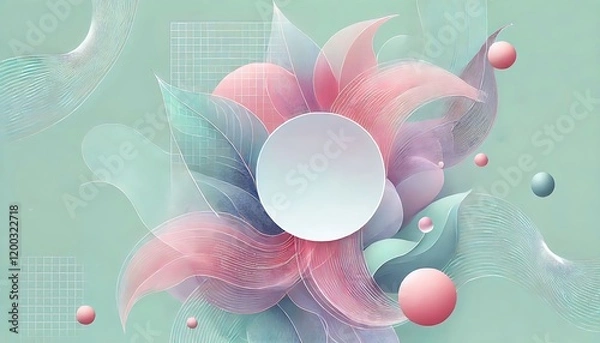 Fototapeta Soft mint green background with abstract pink and purple geometric shapes, and transparent sticker for text. Generative AI