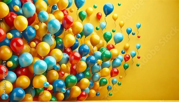 Fototapeta Bright yellow background with balloons in colors red, blue, and green floating diagonally across frame.