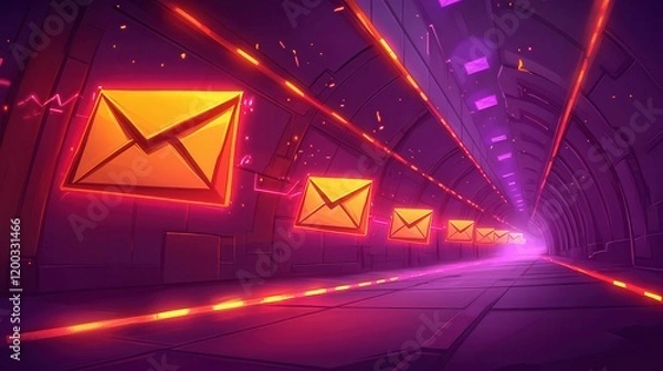 Fototapeta A vibrant digital tunnel scene with glowing envelopes, creating a dynamic and futuristic atmosphere.