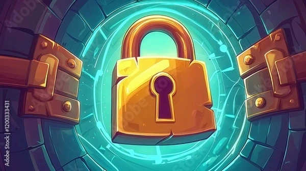 Fototapeta A golden lock symbolizing security, set against a glowing blue background with stone textures and a cartoonish style.