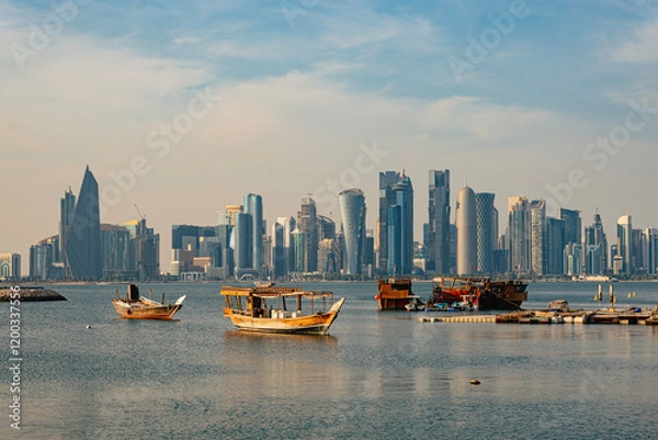 Obraz Wooden tour ships at seaside in Doha Qatar and cityscape with skyscrapers in the background