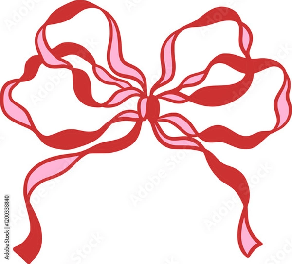 Fototapeta Red pink ribbon bow with wavy loops. Romantic coquette hand drawn decoration. Vintage whimsical style. Vector clipart element