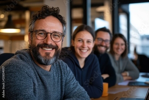 Fototapeta A cheerful group of four colleagues smiles at the camera in an office meeting, conveying teamwork and camaraderie in a contemporary work environment.