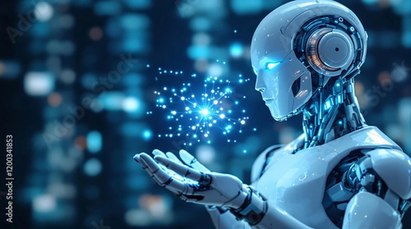 Fototapeta Cybernetic Humanoid Holding Glowing Neural Network Model 
