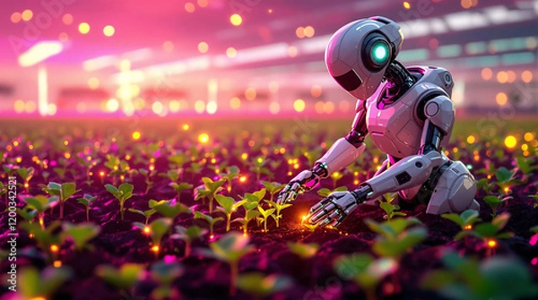 Fototapeta Futuristic AI-Powered Agricultural Robot Planting Seeds in High-Tech Farm 