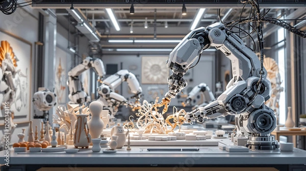 Fototapeta AI-Powered Robotic Arms Sculpting Designs in Futuristic Art Studio 
