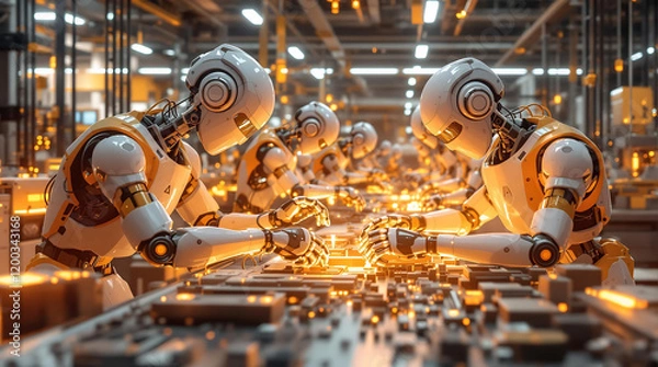 Fototapeta AI-Powered Robotic Assistants Assembling Futuristic Gadgets in High-Tech Factory 