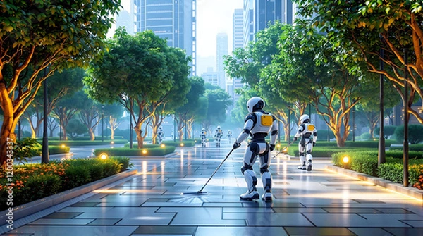 Fototapeta AI-Powered Robotic Janitors Cleaning Futuristic Urban Park 