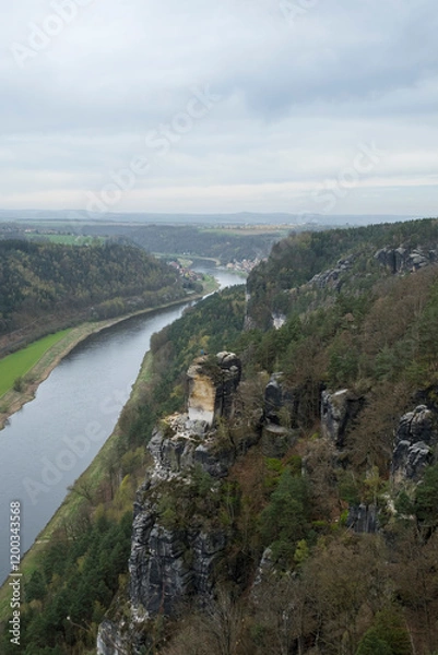 Fototapeta Saxon Switzerland National Park, Tiedge Aussicht viewpoint, next to the Elbe river during an overcast day