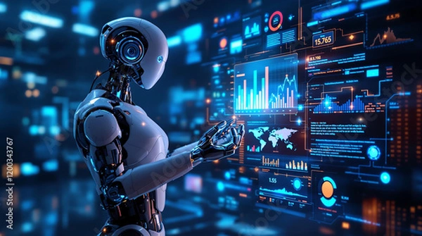 Obraz AI Robot Presenting Data Insights on Glowing Holographic Display 
