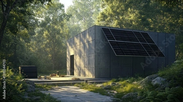Fototapeta Modern minimalist concrete house with solar panels in a lush forest.