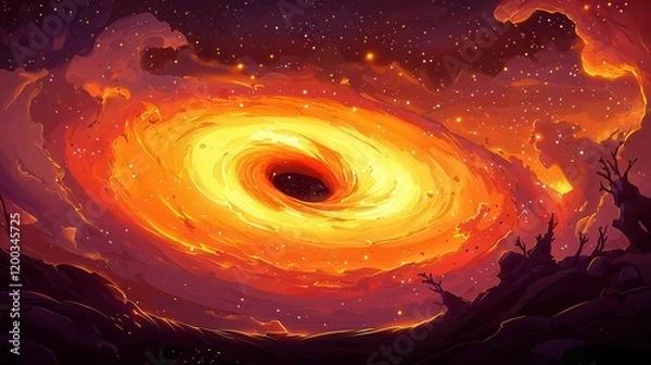 Fototapeta A vibrant illustration of a swirling black hole surrounded by glowing stars and cosmic elements.