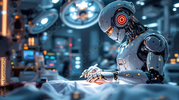 Fototapeta AI-Powered Medical Robot Performing Surgery in High-Tech Operating Room 