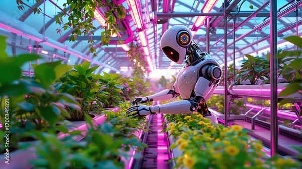 Fototapeta AI-Powered Robotic Gardener Tending Plants in Futuristic Greenhouse 