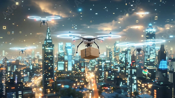 Fototapeta Futuristic AI-Powered Delivery Drones in Smart City Environment 