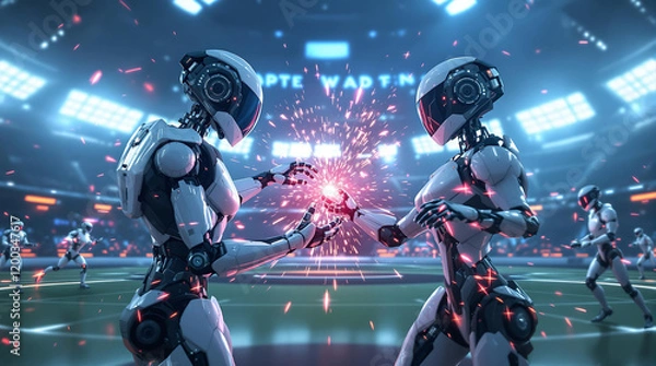 Fototapeta Humanoid AI Robots Playing Futuristic Sport in Glowing Stadium 