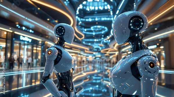 Fototapeta Humanoid AI Robots Serving as Security Guards in Futuristic Shopping Mall 