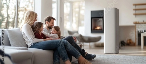 Fototapeta Happy family relaxing on couch in modern living room with fireplace and air purifier.