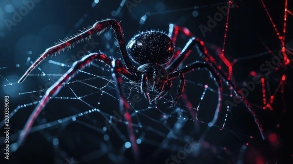 Fototapeta Close-up of a black spider with red legs on its web in dark blue background.