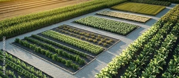 Fototapeta Aerial view of diverse crops in a meticulously organized agricultural field, showcasing rows of various plants under sunlight.