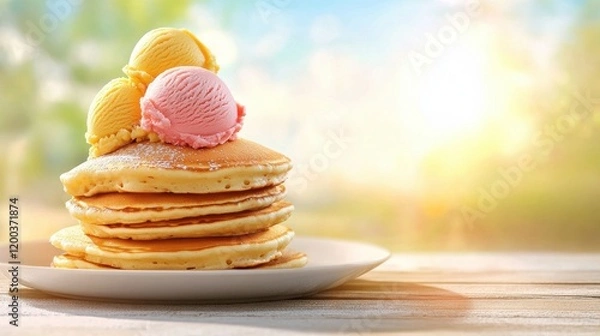 Fototapeta National Ice Cream for Breakfast Day Concept: Stack of pancakes topped with colorful ice cream against a sunny background.