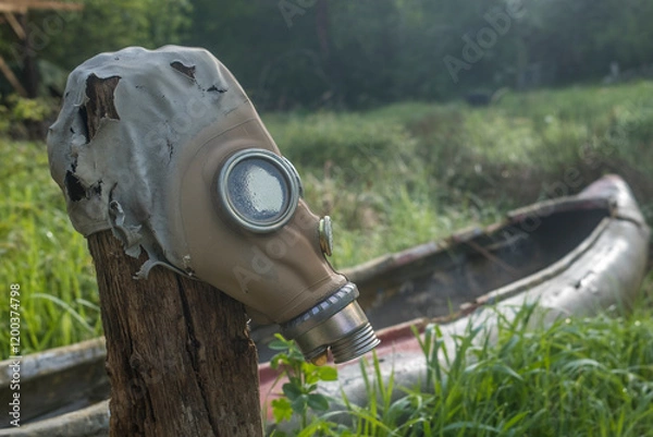 Fototapeta Soviet GP-5 gas mask abandoned on a pole